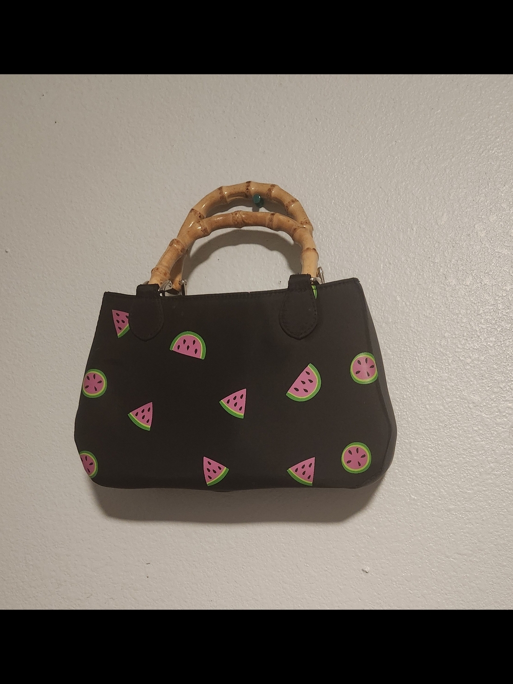 Black Mini Tote with Pink & Green Watermelon Print and Bamboo Handles